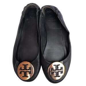 Tory Burch Minnie Travel Ballet Flats Black Leather Size 6 M Gold Style 50393